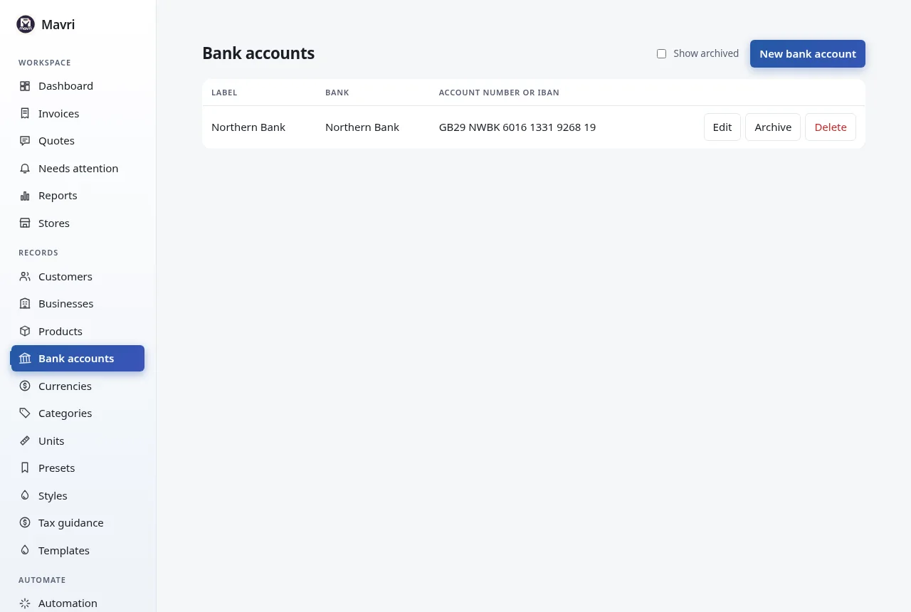 Bank account details that can be printed on invoices. Fictional demo data.