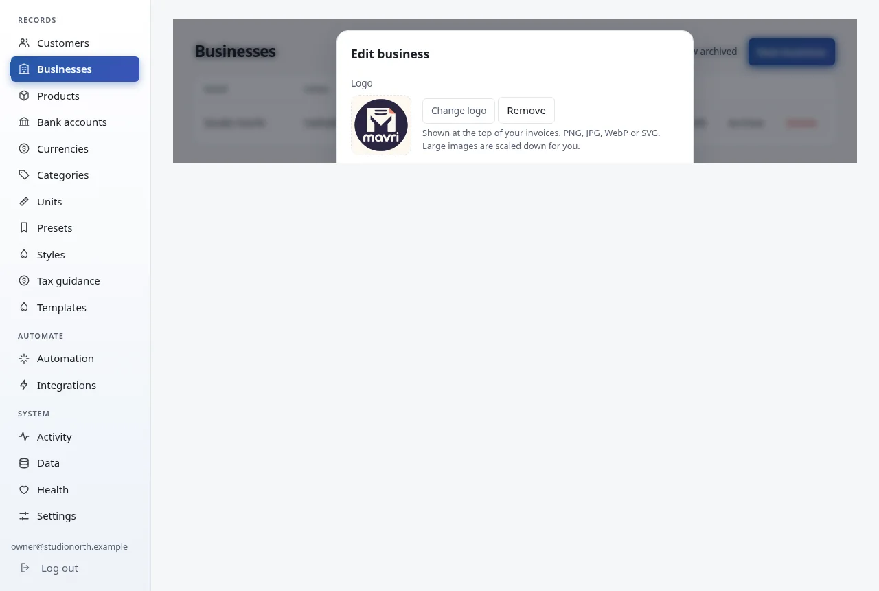 Business profiles that issue invoices, with tax ID and e-invoice fields. Fictional demo data.