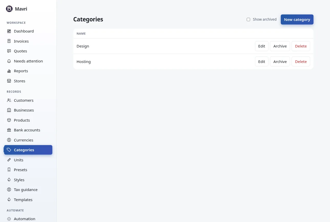 Product categories list. Fictional demo data.