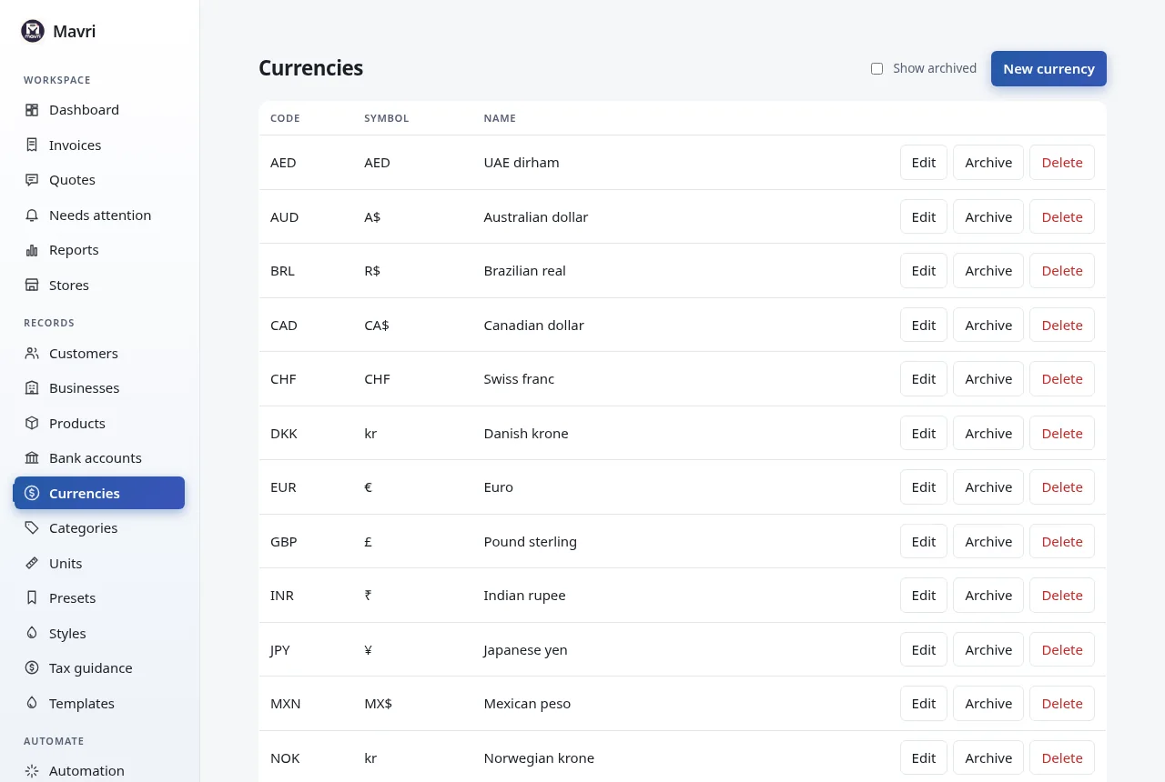 Currency list with symbols and display formats. Fictional demo data.