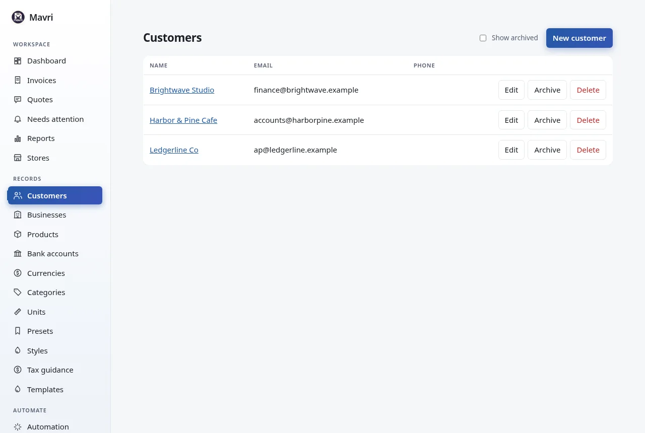 Customer records list with New, Edit, Archive and Delete actions. Fictional demo data.
