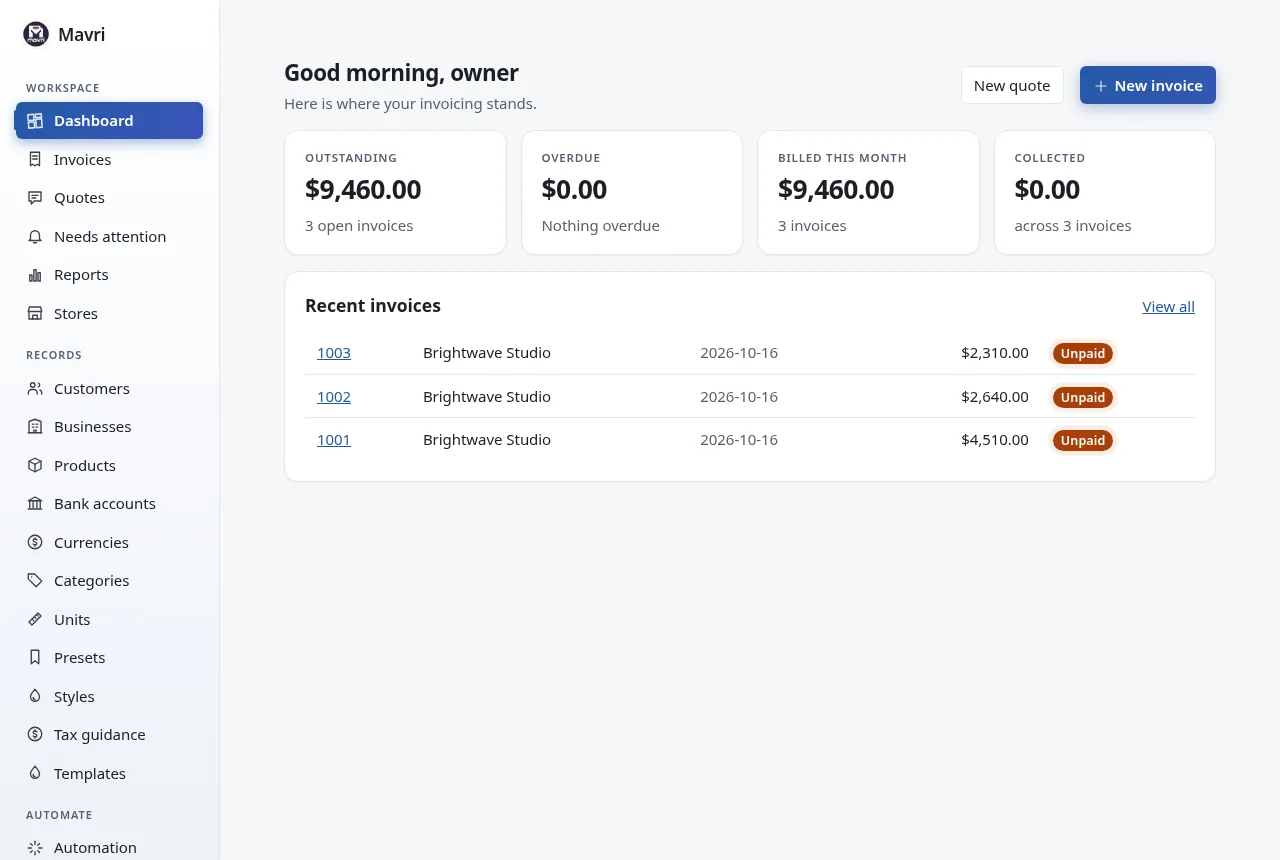 Mavri dashboard with a setup checklist, outstanding, overdue and billed totals, and recent invoices. Fictional demo data.