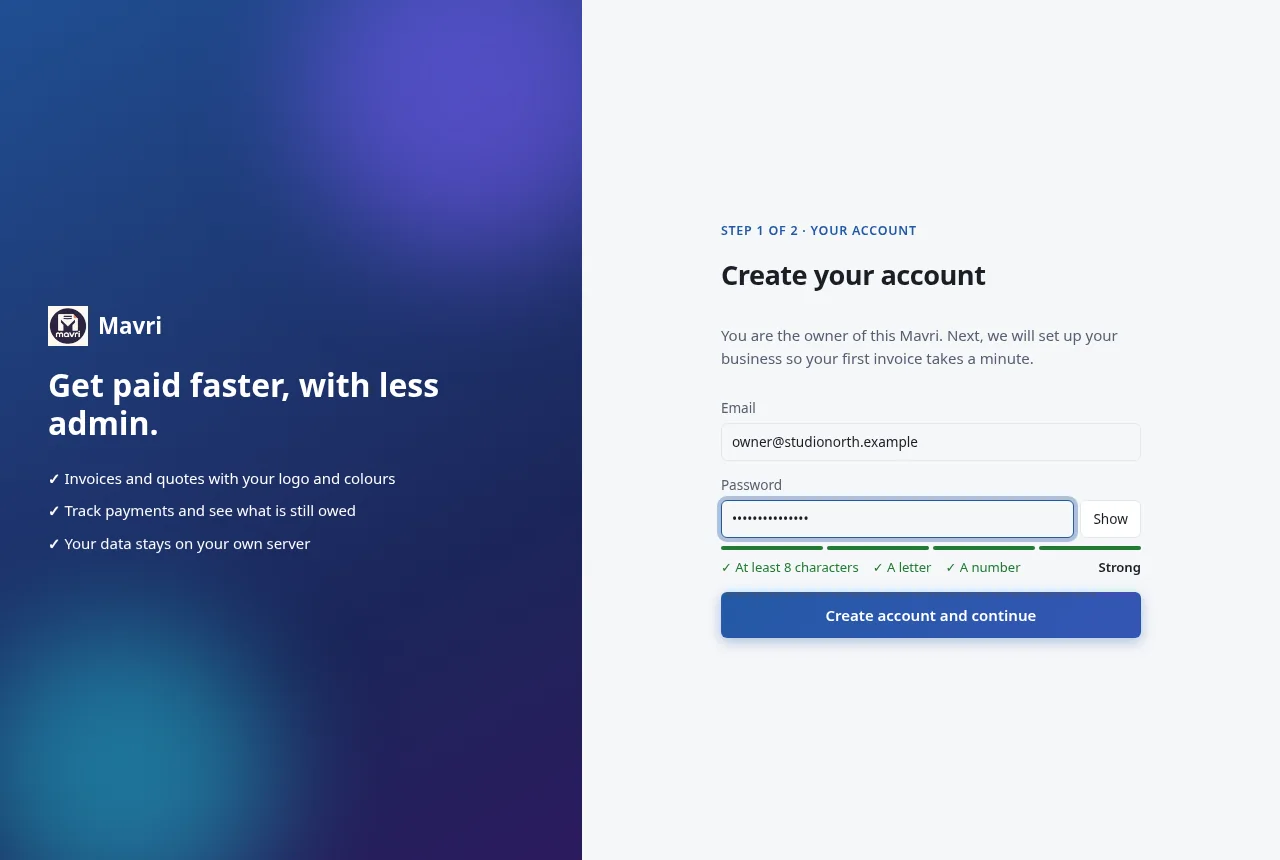 Creating the owner account, with live password checks. Fictional demo data.