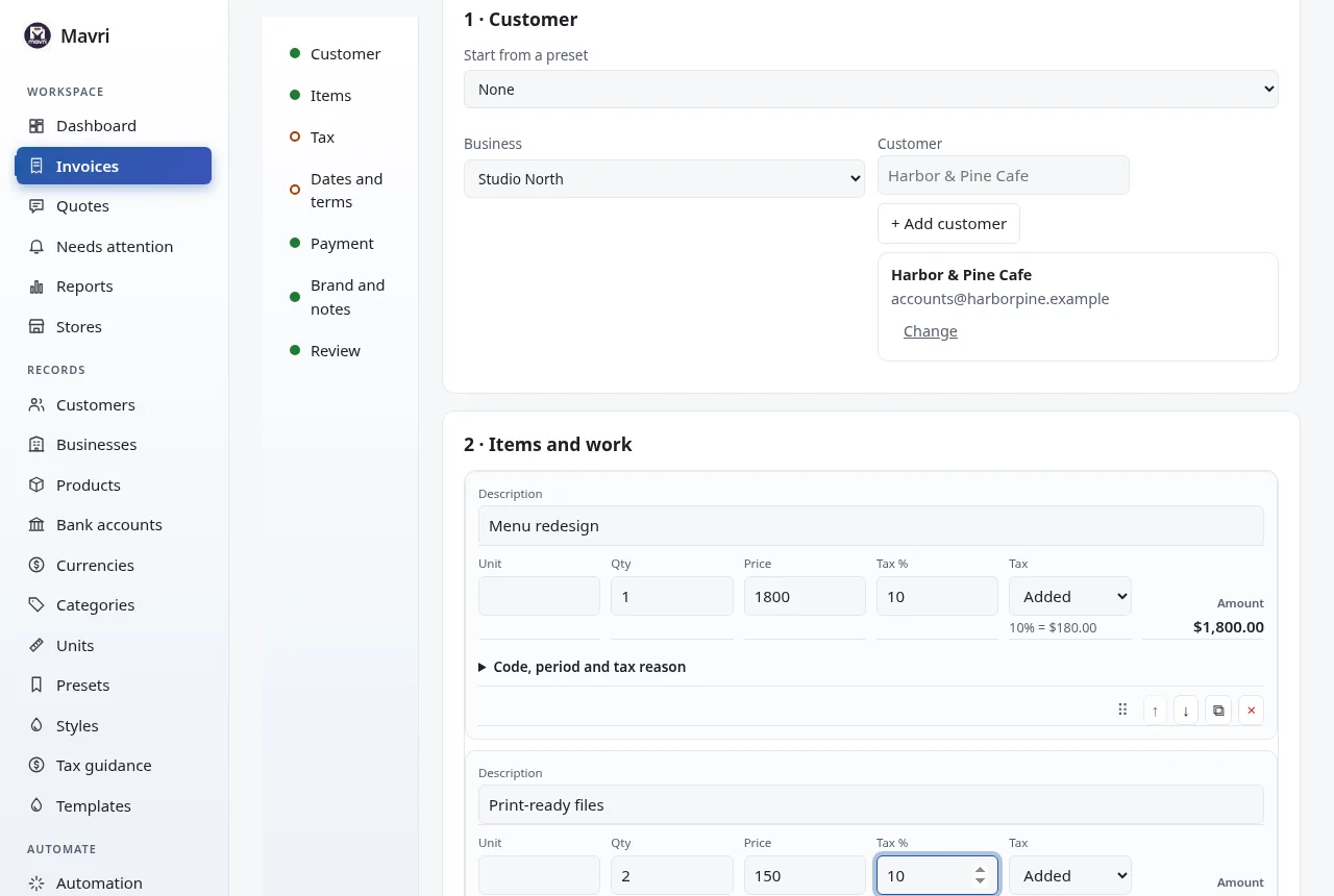 Invoice editor with business, customer, currency, dates, line items, tax, discount and notes. Fictional demo data.