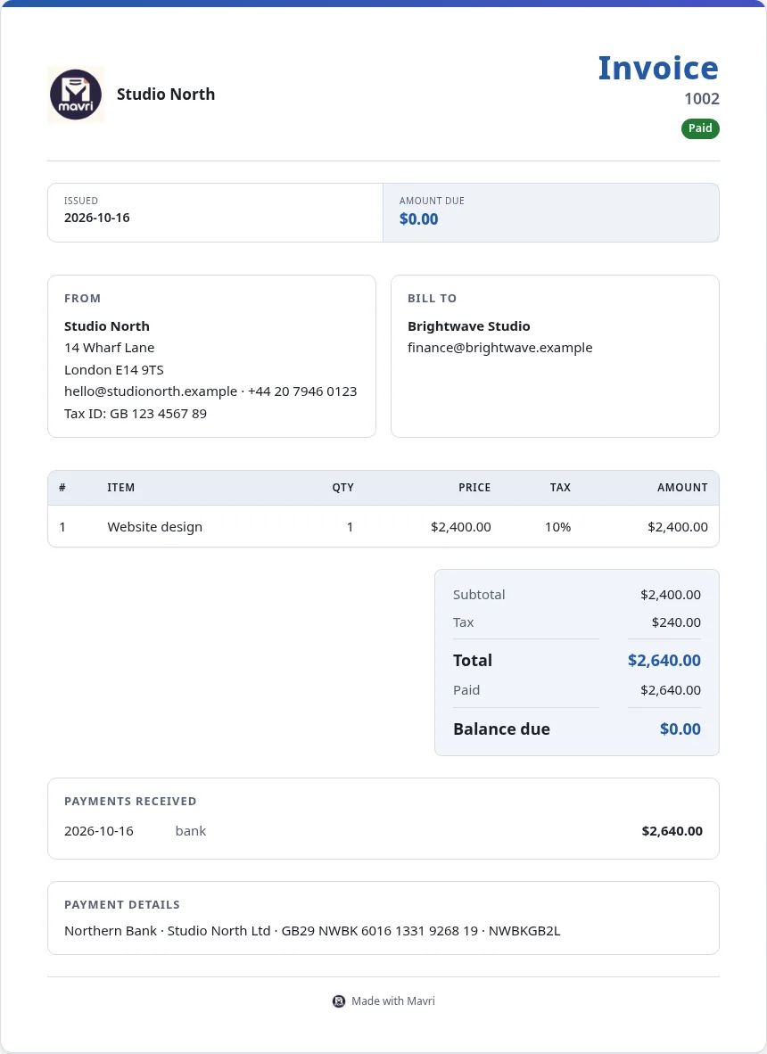 A paid invoice showing the recorded payment and a zero balance. Fictional demo data.