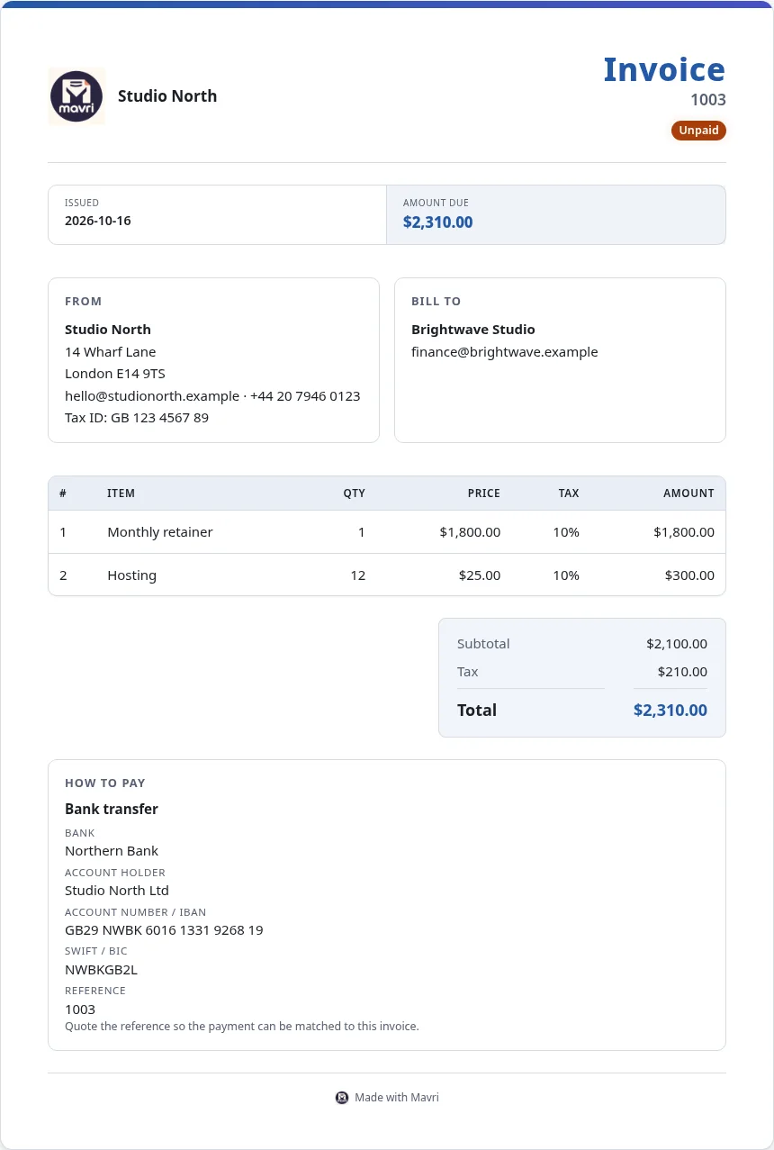 A printable Mavri invoice with a logo, the amount due and a Made with Mavri footer. Fictional demo data.
