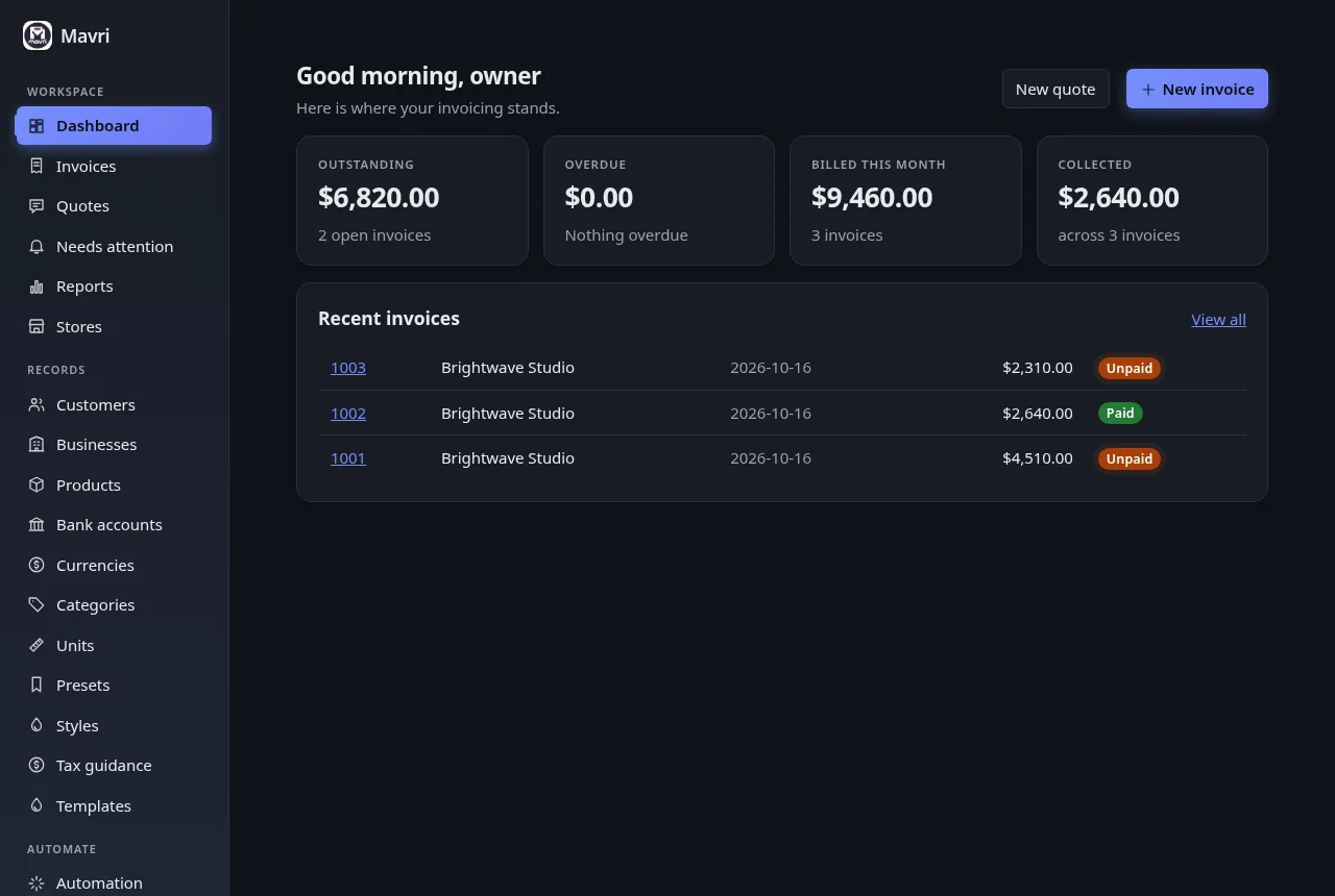 The invoice list in Mavri’s dark theme. Fictional demo data.