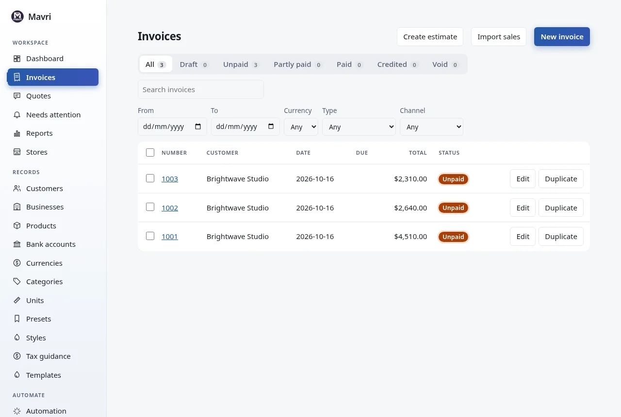Invoice list with status tabs and counts, and overdue flags. Fictional demo data.