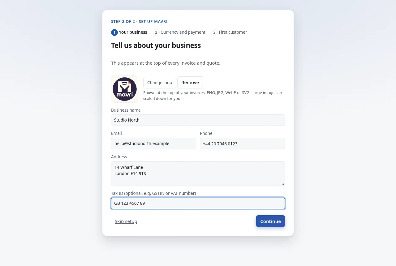 The guided setup that follows account creation: business and logo, currency and bank, first customer. Every step can be skipped.