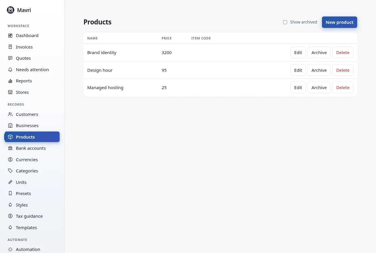 Optional catalog of items with price, category and unit. Fictional demo data.