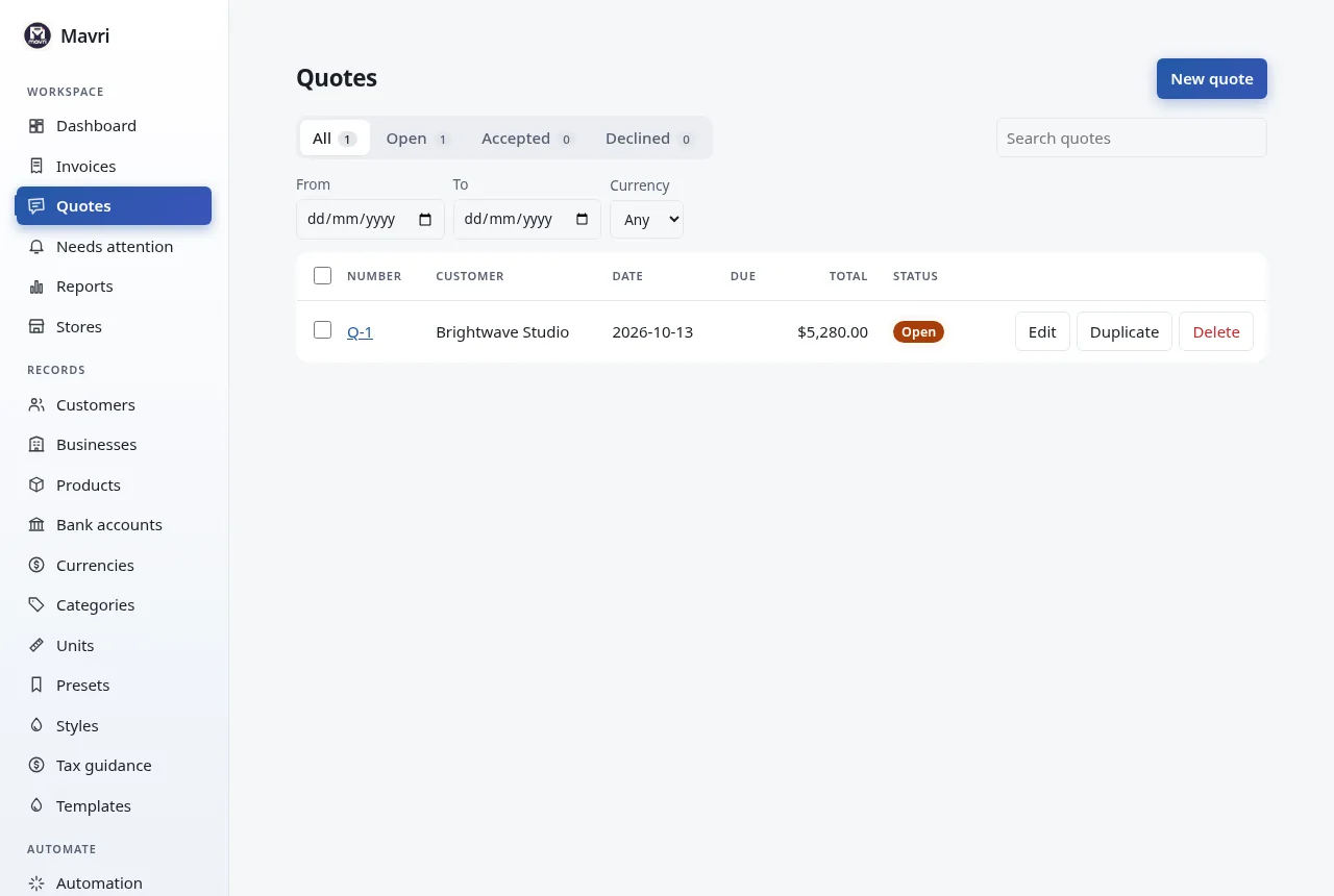 Quote list showing open, accepted and declined quotes. Fictional demo data.