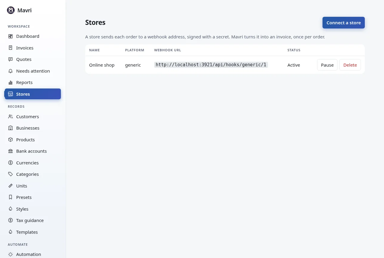 Store connections with webhook URL and signing secret for Shopify, WooCommerce or other senders. Fictional demo data.