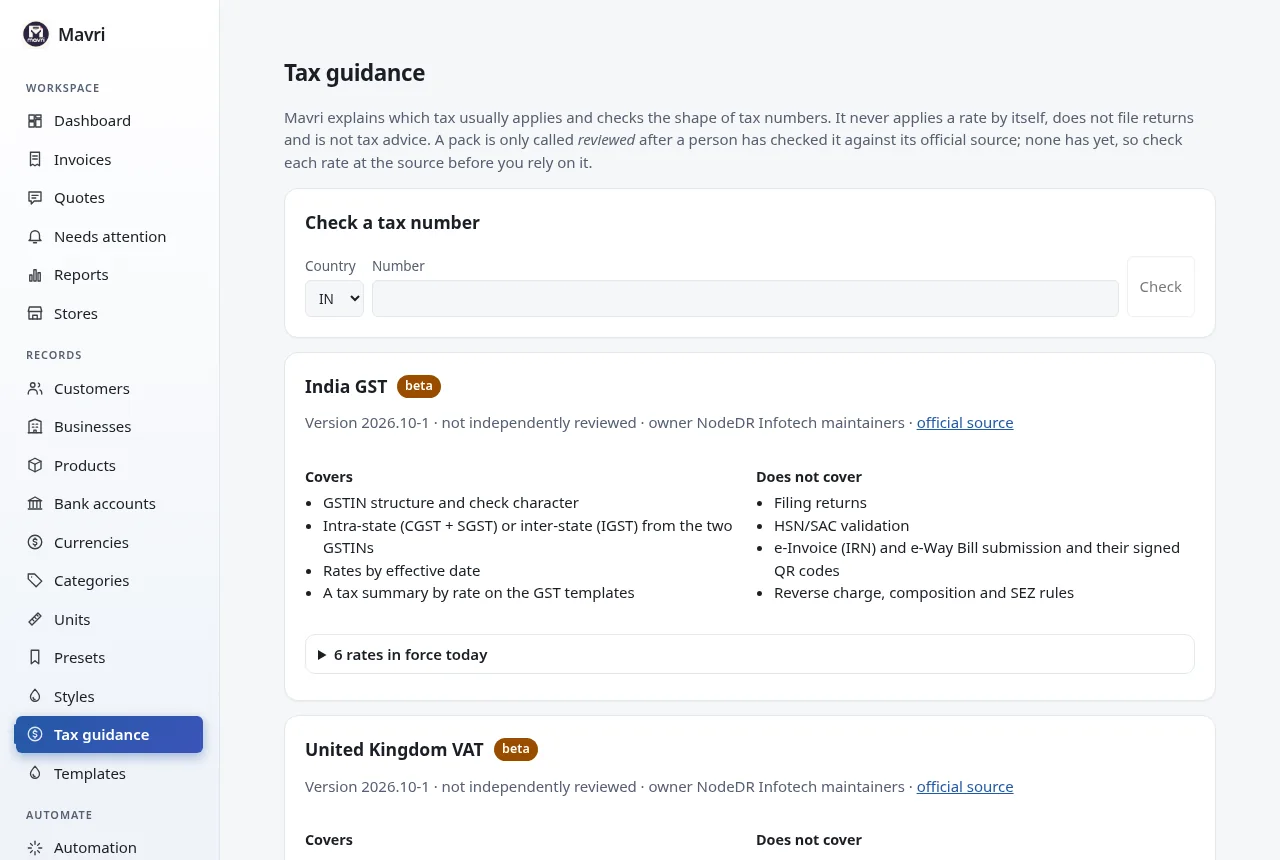 Tax guidance packs with status, source, what each covers and does not cover, and a tax number checker.