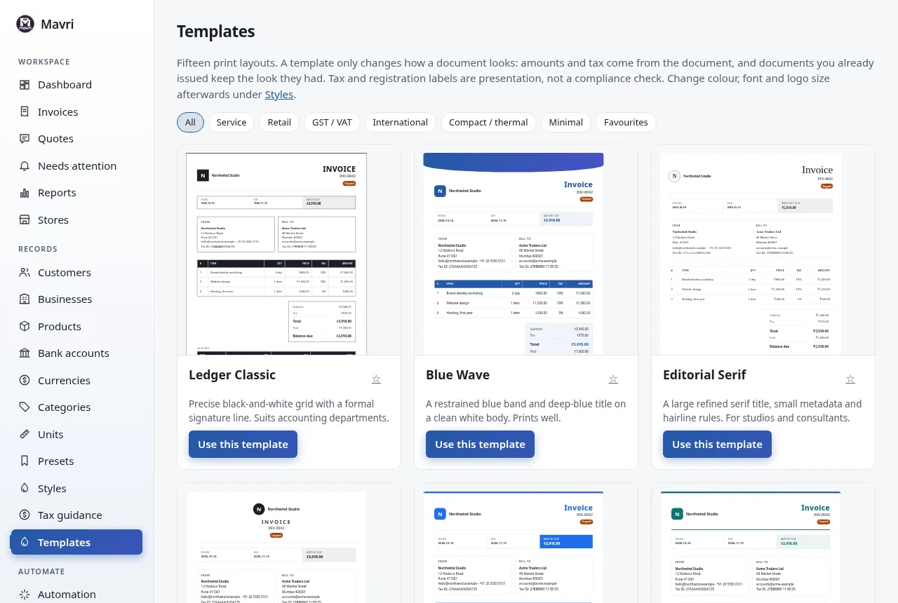 The template gallery: fifteen print layouts with sample data, filters and favourites. Fictional demo data.
