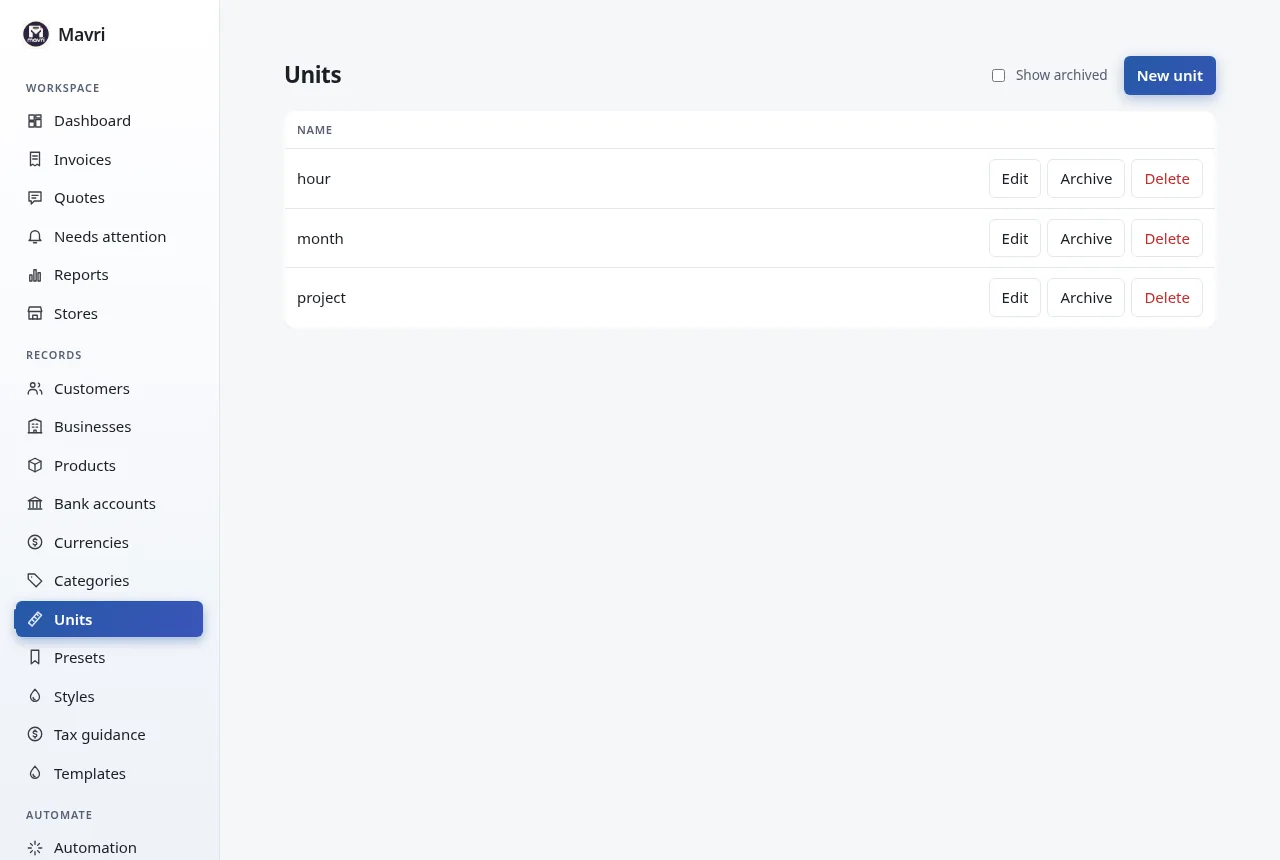 Units of measure list. Fictional demo data.